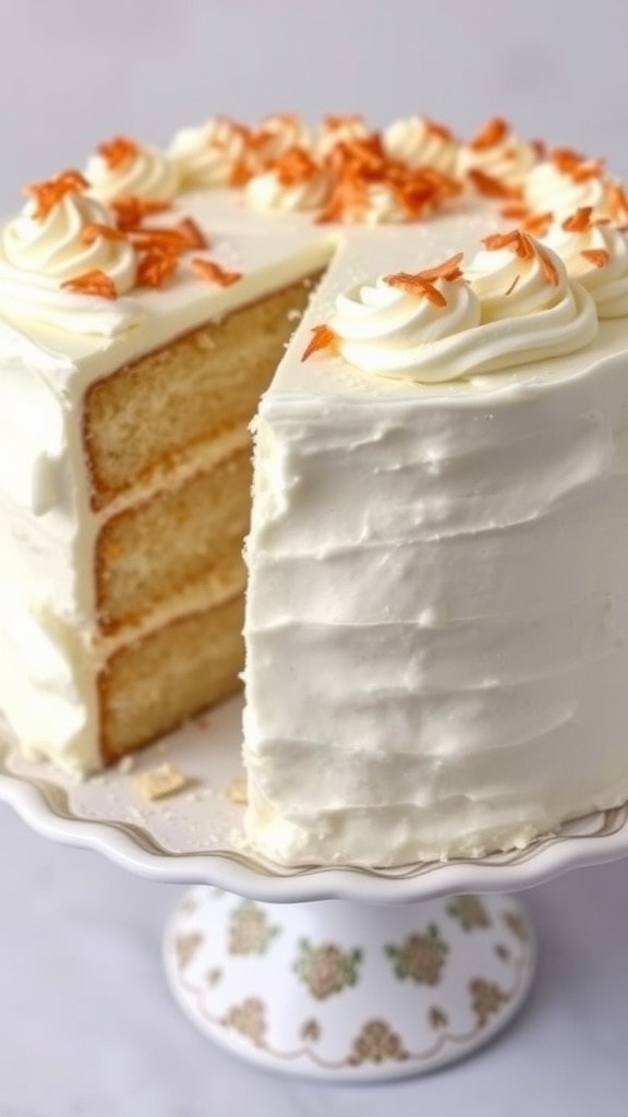 A layered coconut cream cake with frosting and toasted coconut flakes on top, served on a cake stand.